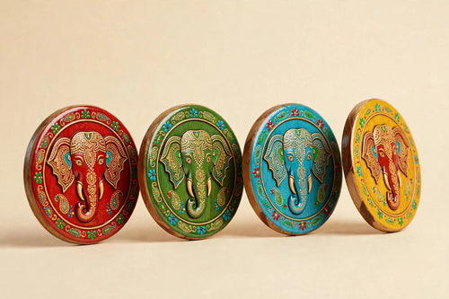 Elephant Coaster Set — Handcrafted Wooden Coasters (Varanasi)