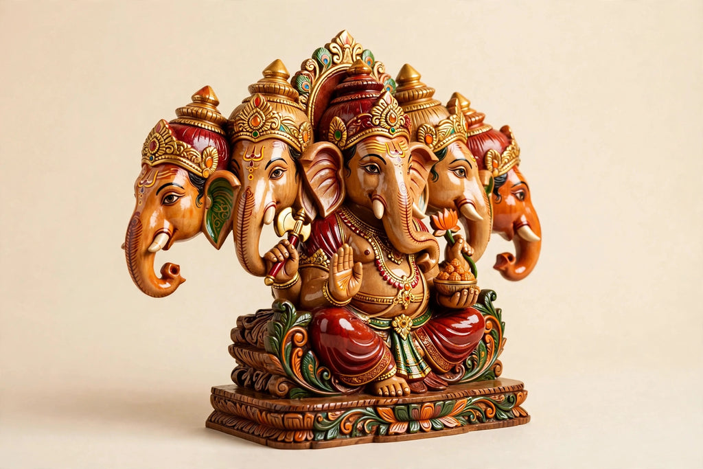 Panchmukhi Ganesha — Hand-Carved Wooden Idol, 12 inch (Varanasi)