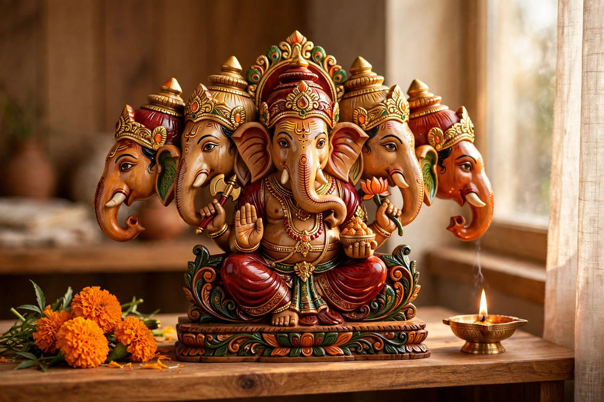 Panchmukhi Ganesha — Hand-Carved Wooden Idol, 12 inch (Varanasi)