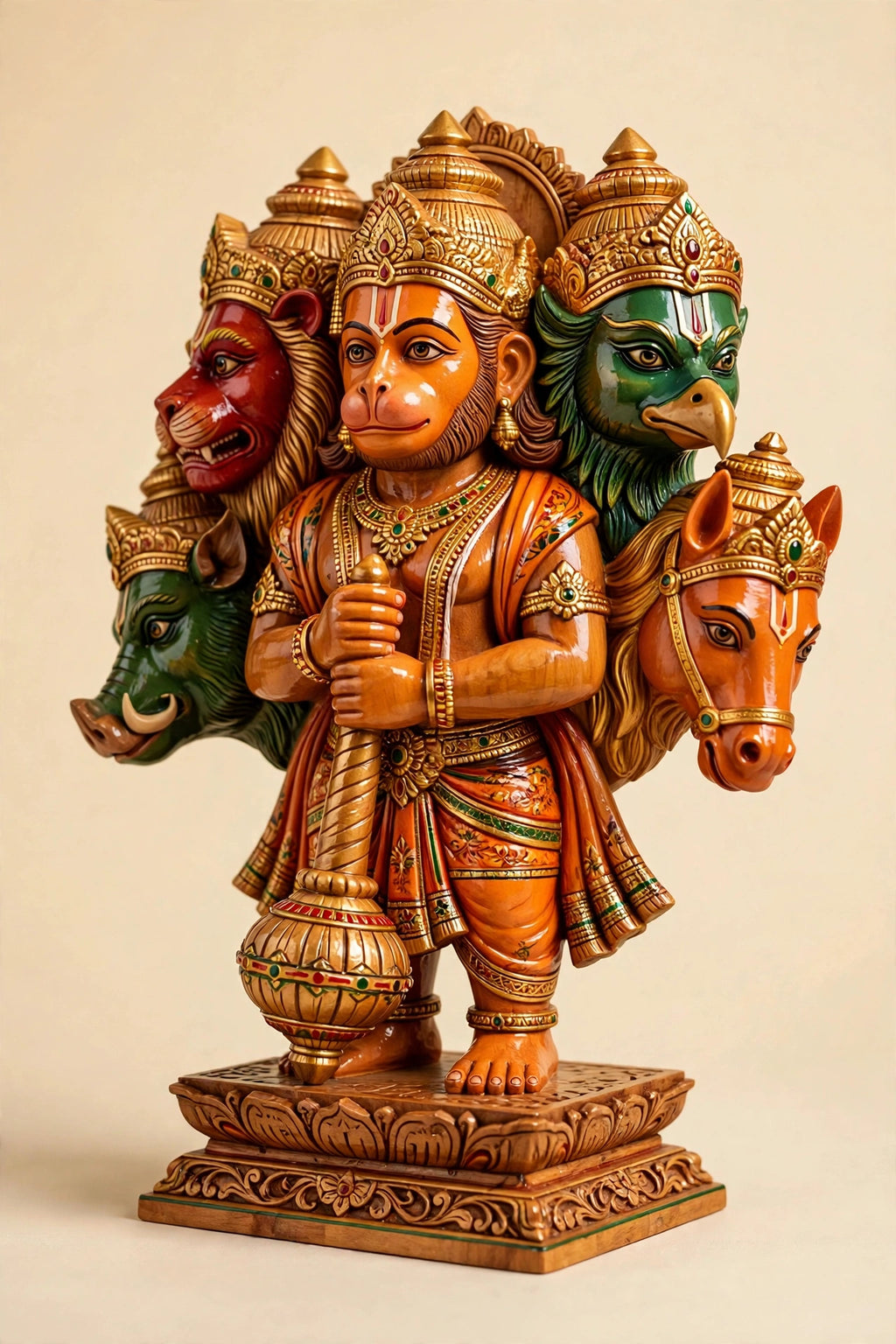 Panchmukhi Hanuman — Hand-Carved Wooden Idol, 9 inch (Varanasi)