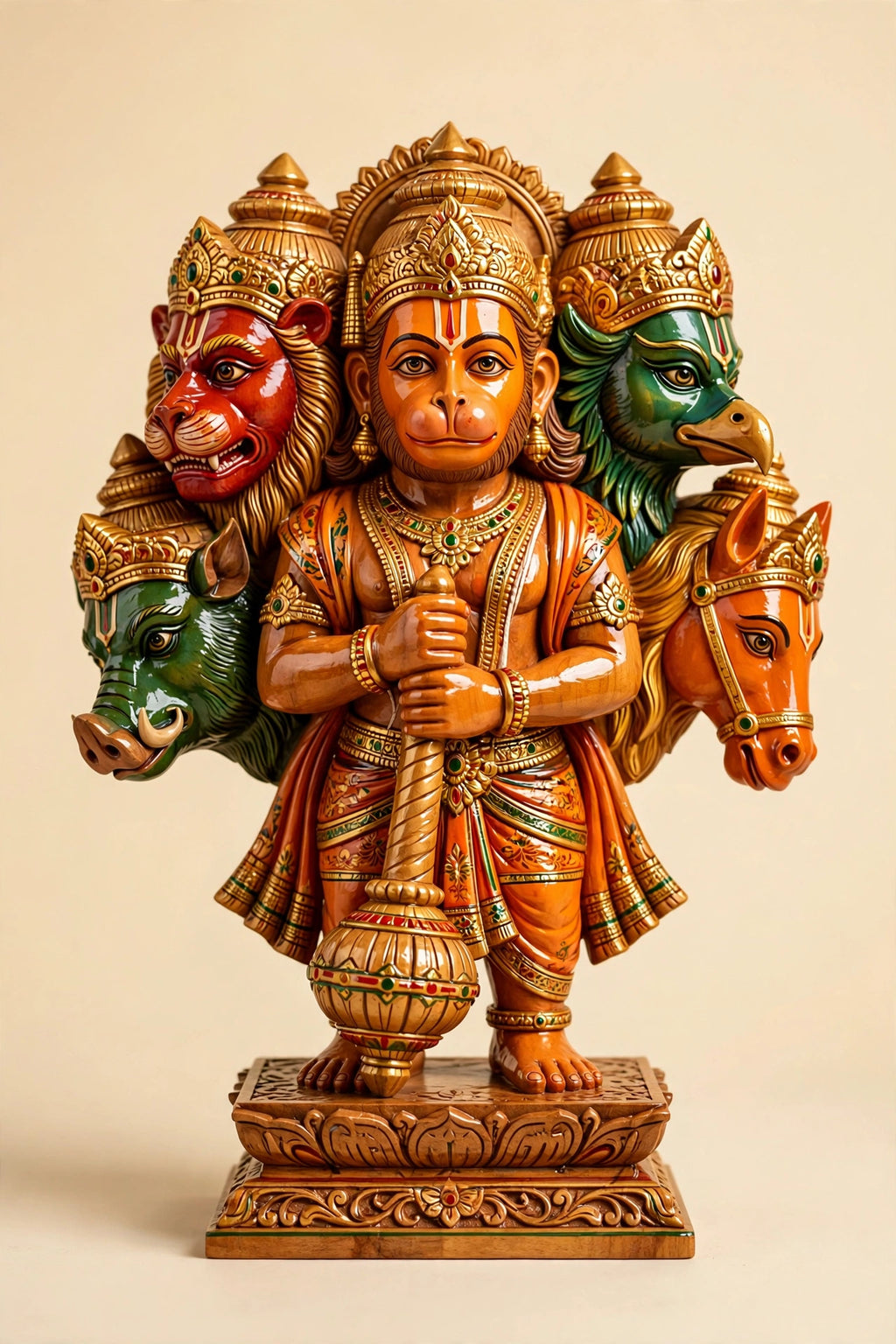 Panchmukhi Hanuman — Hand-Carved Wooden Idol, 9 inch (Varanasi)