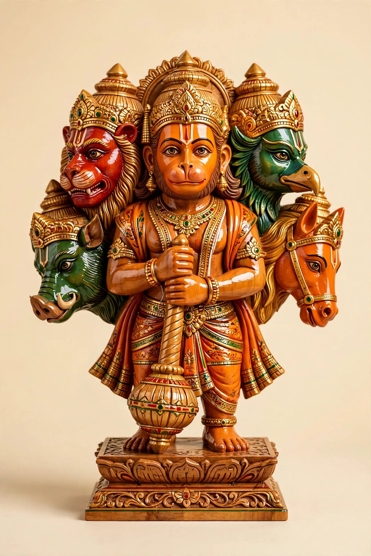 Panchmukhi Hanuman — Hand-Carved Wooden Idol, 9 inch (Varanasi)