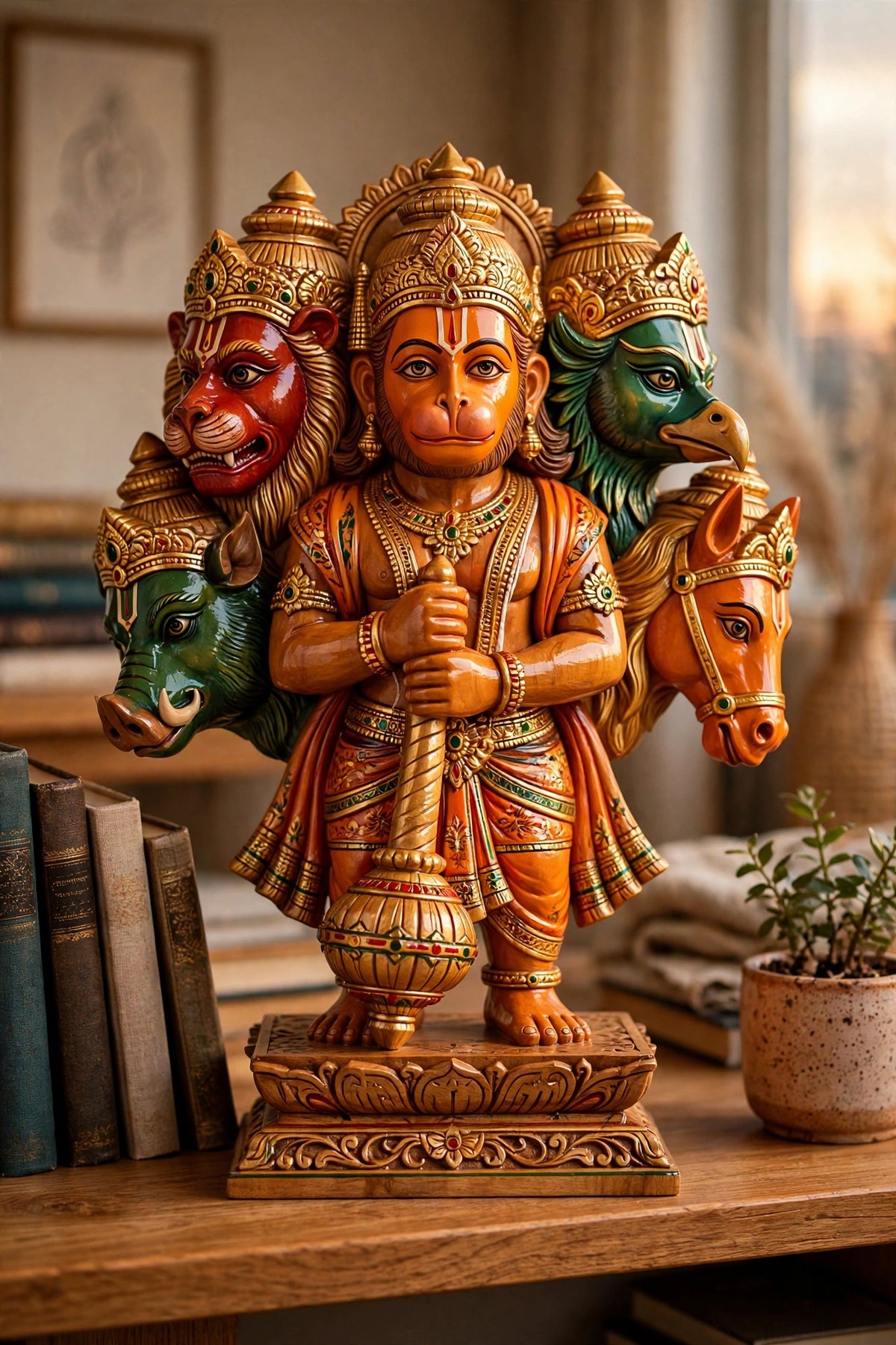 Panchmukhi Hanuman — Hand-Carved Wooden Idol, 9 inch (Varanasi)