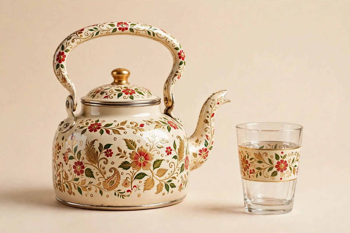 Hand-Painted Kettle with Glass — Varanasi Wooden Lacquerware