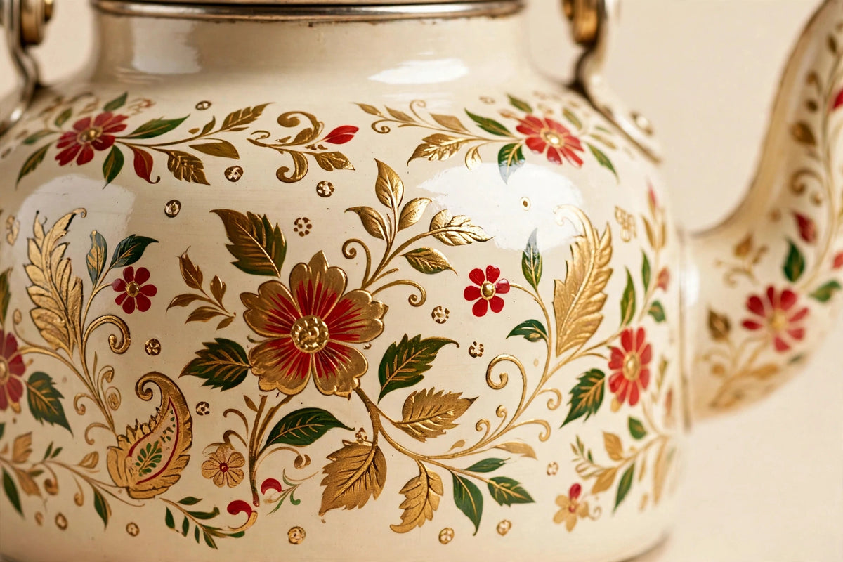 Hand-Painted Kettle with Glass — Varanasi Wooden Lacquerware