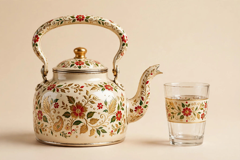 Hand-Painted Kettle with Glass — Varanasi Wooden Lacquerware