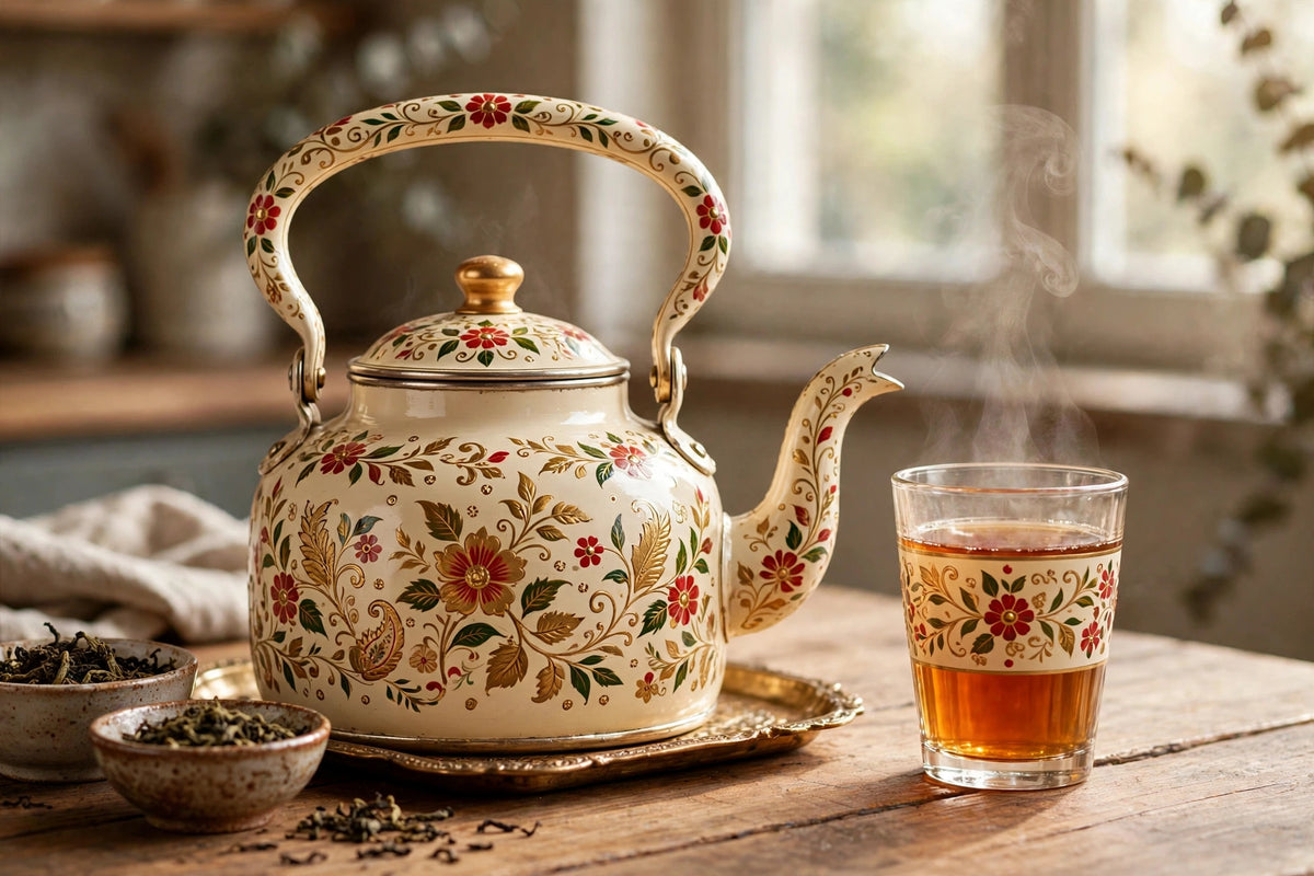 Hand-Painted Kettle with Glass — Varanasi Wooden Lacquerware