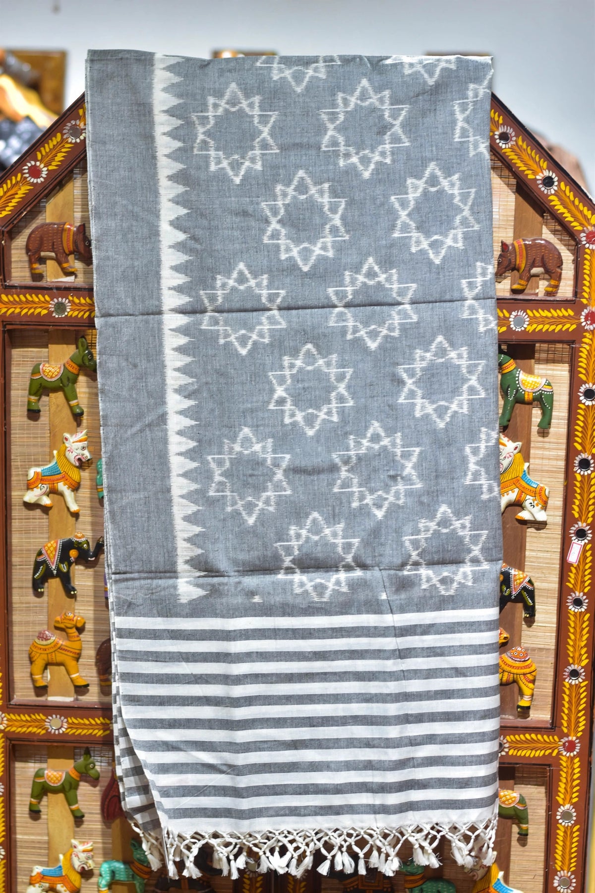 Grey Starry Maniabandha Cotton Dupatta — Vegetable-Dyed Ikat (Odisha)