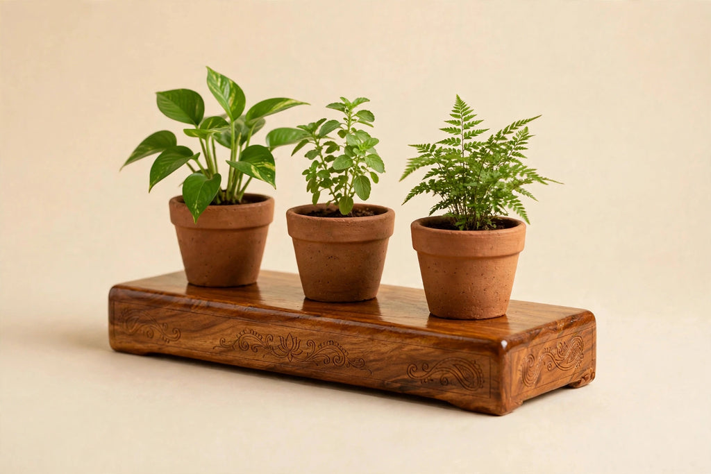 Wooden Stand with Pots — Handcrafted Planter Stand (Varanasi)